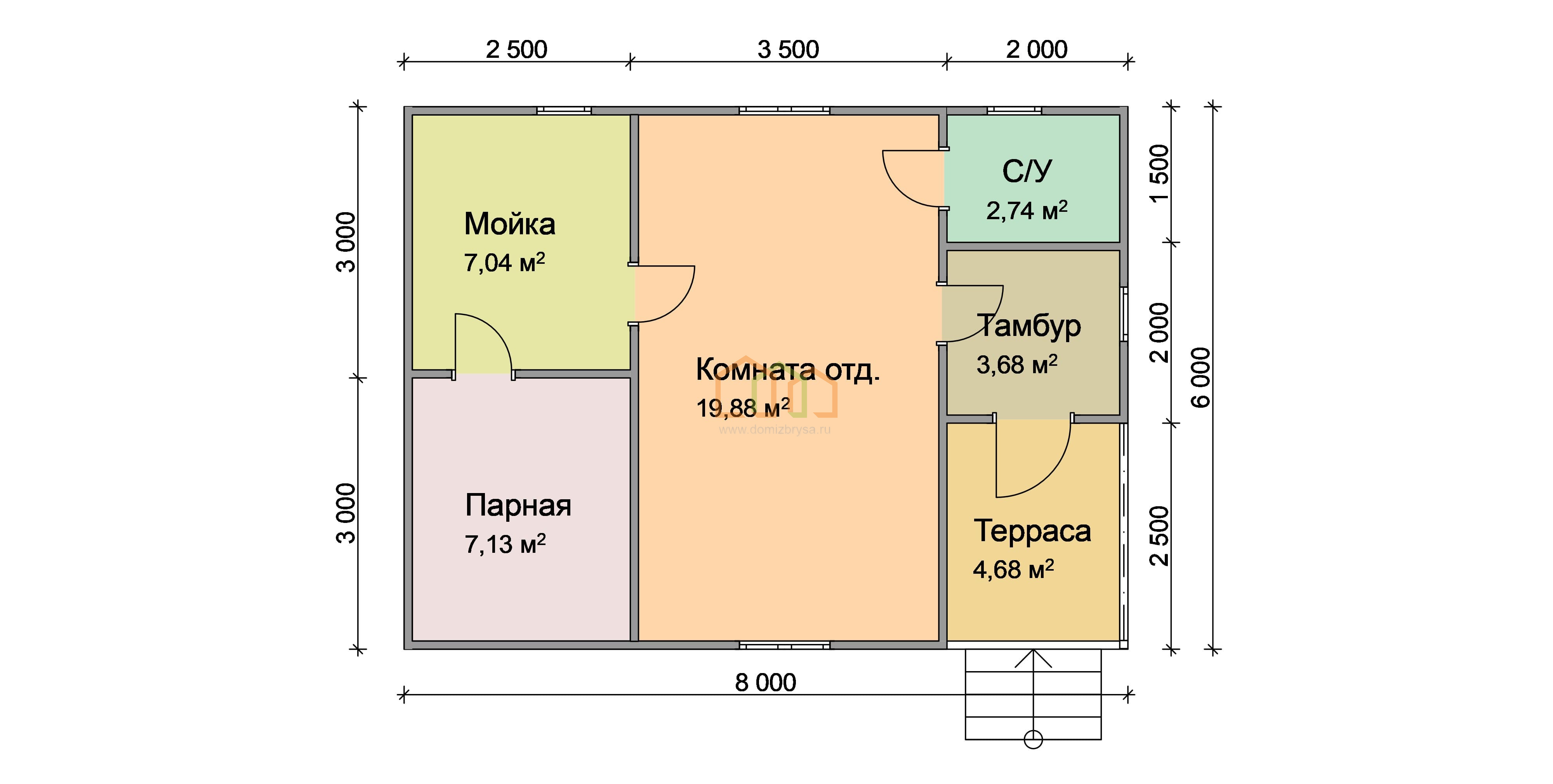 Каркасная баня одноэтажная 6x8, площадь: 48 м² с террасой цена под ключ в  Подольске 1160000